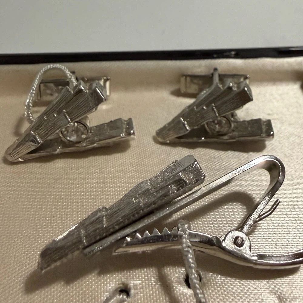 Vintage Judy Lee Silver Tone Rhinestone Cufflinks & Tie Clip Set in Box
